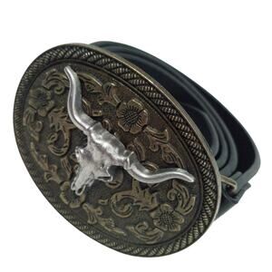 NWOT! GORGEOUS EMBOSSED BRASS/SILVER STEERHORN BUCKLE BROWN BEGAN LEATHER BELT!